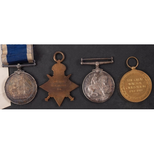 345 - A WWI group of four to '269973 TJ Battle CERA 2 Cl  HMS Impregnable', 1914 -15 Star, War Medal, Vict... 