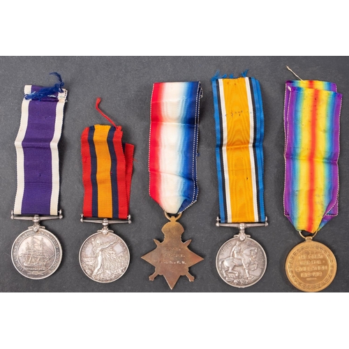 351 - A Boer War WWI group of  five to '159137 R Cudmore  PO 1 RN', Queen's South Africa Medal (HMS Perlor... 