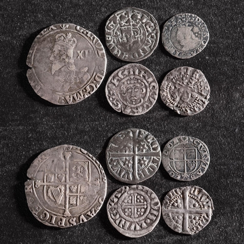 36 - A Charles I Shilling, Elizabeth I half Groat, Henry III penny and an Alexander III 1249-92 penny.