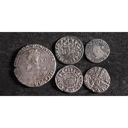 36 - A Charles I Shilling, Elizabeth I half Groat, Henry III penny and an Alexander III 1249-92 penny.