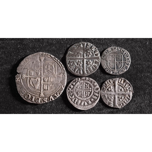 36 - A Charles I Shilling, Elizabeth I half Groat, Henry III penny and an Alexander III 1249-92 penny.