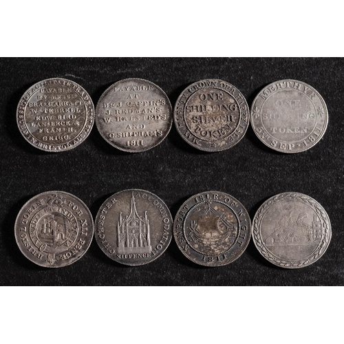 38 - Four shilling tokens, all 1811, Bristol. Merthyr, Chichester and Isle of Wight.