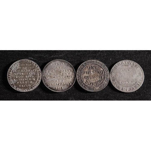 38 - Four shilling tokens, all 1811, Bristol. Merthyr, Chichester and Isle of Wight.