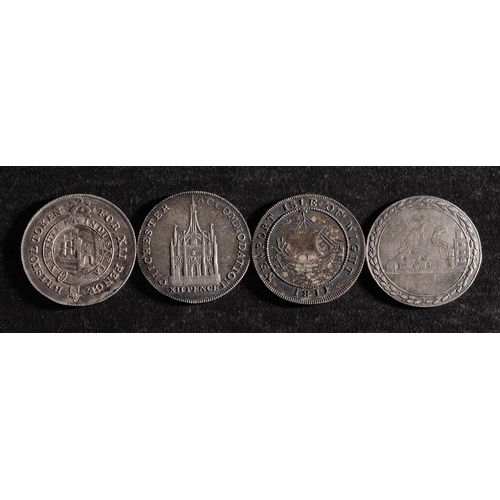 38 - Four shilling tokens, all 1811, Bristol. Merthyr, Chichester and Isle of Wight.