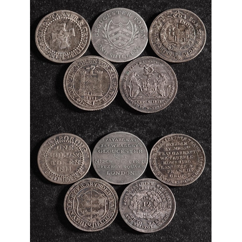 40 - Five 19th Century silver shilling tokens including Norfolk, Marlborough, Bristol etc.