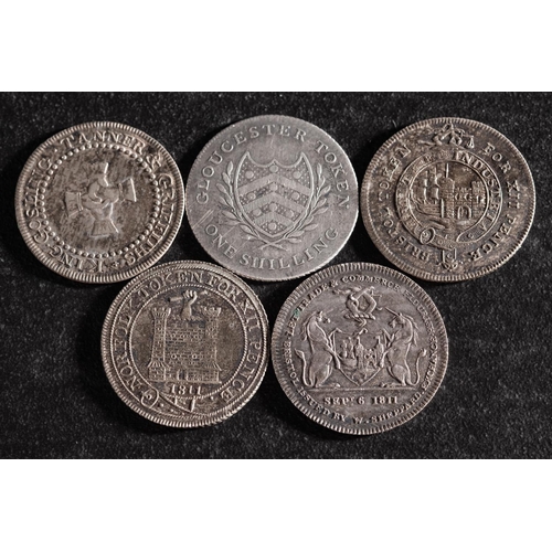 40 - Five 19th Century silver shilling tokens including Norfolk, Marlborough, Bristol etc.