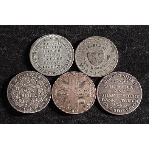 42 - Five 19th Century silver shilling tokens, including Worcester, Frome, Bristol, Birmingham and Shafte... 