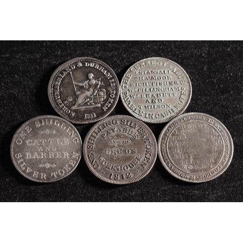 43 - Five 19th Century silver shilling tokens, including Leeds, Workhouse, Newark, Derby, York and Northu... 