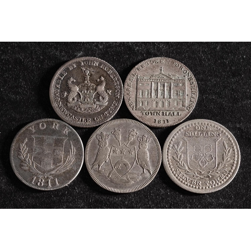 43 - Five 19th Century silver shilling tokens, including Leeds, Workhouse, Newark, Derby, York and Northu... 