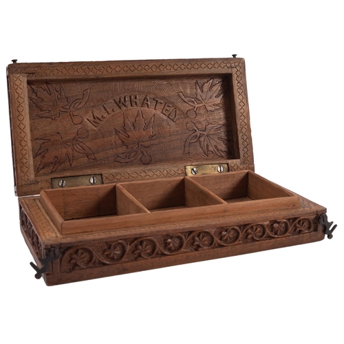 437 - An early 20th century treen stamp box, together with a French stamp box pen stand and a  set of bras... 