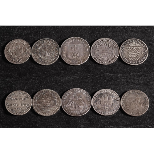 44 - Five 19th Century silver sixpence tokens, including Sheffield, Hampshire, Bilston, York and Bristol.