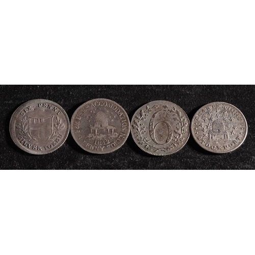 46 - Four 19th Century silver sixpence tokens including Stockport, Charing Cross and two Britannia.