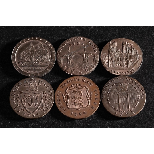 64 - Six high grade 18th Century halfpenny tokens.