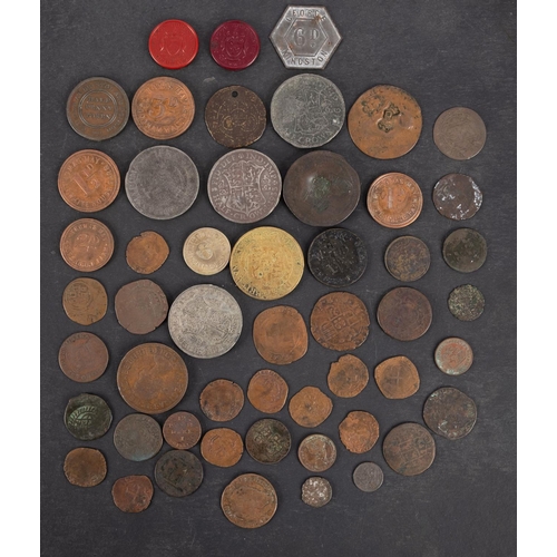 73 - A collection of tokens, Jeltons and stamped coins including Agricultural tokens, forgeries, cricket ... 