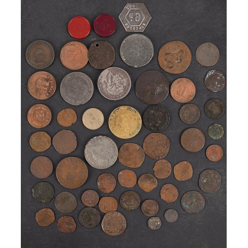 73 - A collection of tokens, Jeltons and stamped coins including Agricultural tokens, forgeries, cricket ... 