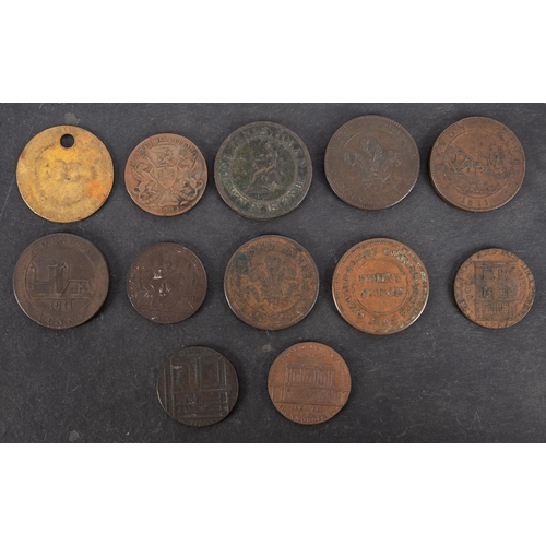 75 - A Plymouth Sail Canvas Manufactory token, 1796, Exeter token, 1792, Pot Office token 1794, two Tavis... 