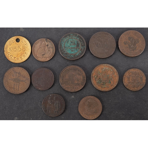 75 - A Plymouth Sail Canvas Manufactory token, 1796, Exeter token, 1792, Pot Office token 1794, two Tavis... 