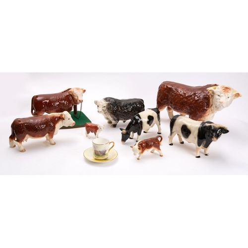 511 - Cattle, Melbaware Hereford bull,15cm height and seven other pottery cattle figures,  including Beswi... 
