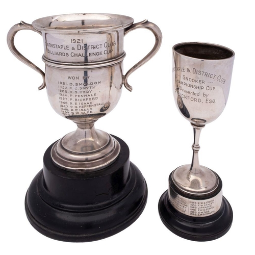 532 - Billiard and Snooker silver trophies, twin handled silver trophy goblet 'Barnstaple & District Club ... 