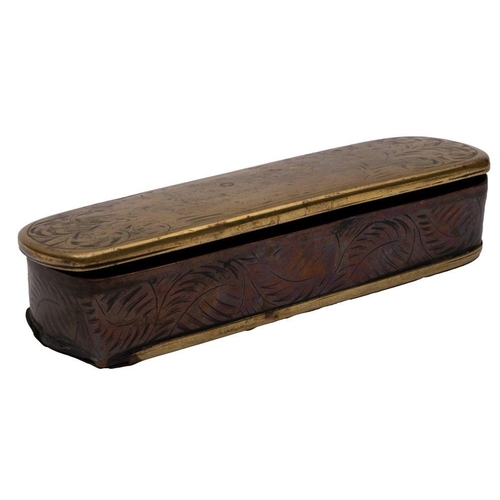 533 - A Dutch brass and copper rectangular tobacco box, rubbed engraved decoration and damaged end, 15cm w... 