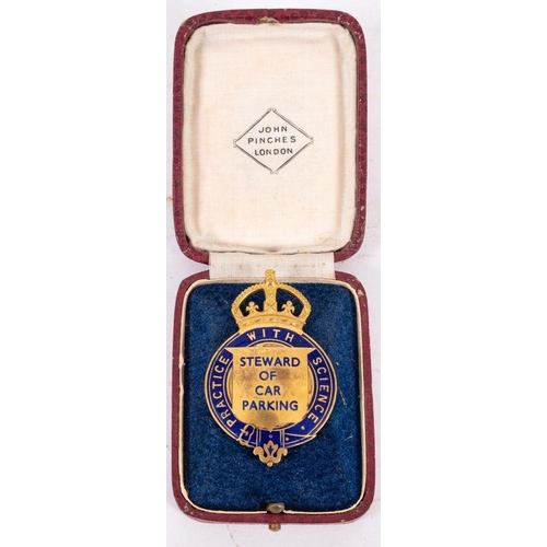 536 - A John Plinches gilt  and enamel' Steward of Parking' lapel badge, King's Crown over circular badge ... 