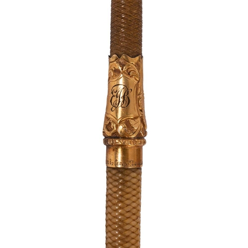 552 - A late Victorian  silver gilt mounted leather riding crop, maker Sampson & Company, London, the whit... 