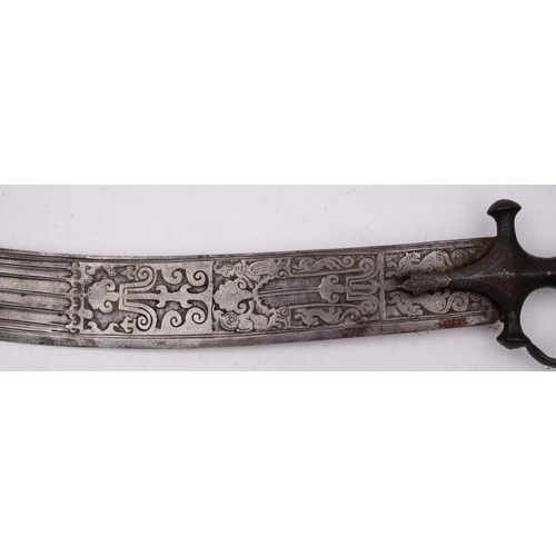 694 - A 19th-century 'execution' sword Tulwar, curved single edge Damascus steel blade with clipped back p... 