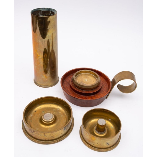 746 - Two Falklands Island  trench art shell case ashtrays, inset Falkland Island coins, together with a 1... 