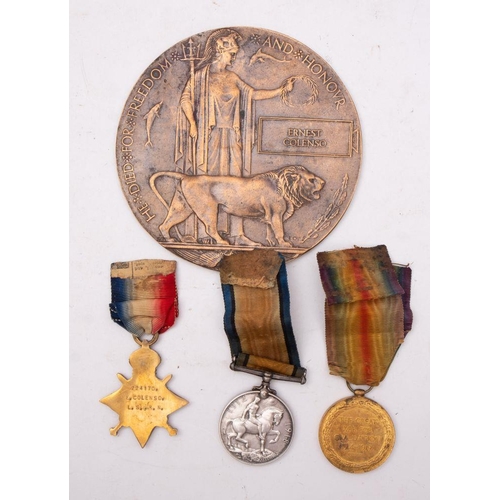 792 - A WWI trio and Memorial Death Plaque to '224170  Ernest Colenso LSRN', 1914-15 Star, War Medal and V... 