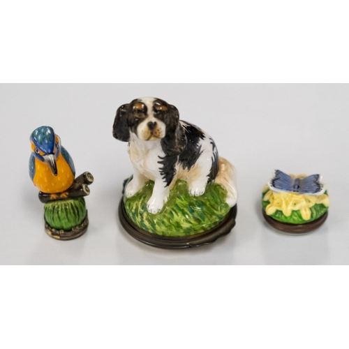 506 - A Halcyon Days enamel box in the form of a Cavalier King Charles Spaniel; together with another smal... 