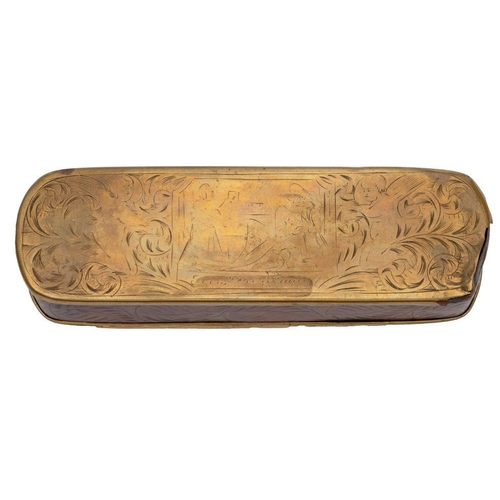 533 - A Dutch brass and copper rectangular tobacco box, rubbed engraved decoration and damaged end, 15cm w... 