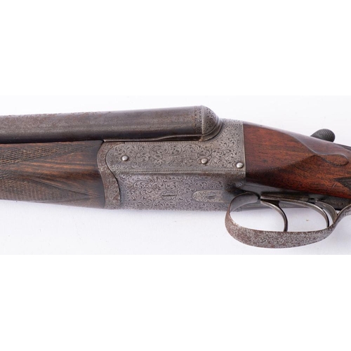 627 - A 16 bore side by side shotgun, maker William Ford, serial number '10008' 28 inch barrels over scrol... 