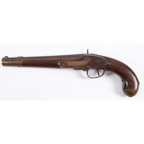 632 - A 19th century percussion cap pistol, unsigned, the plain 10 inch barrel with brass mounted fore sig... 