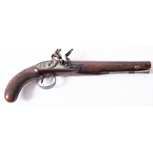 637 - A late 18th/ 19th century flintlock pistol by Walker of London, the sighted 10 inch octagonal Damasc... 