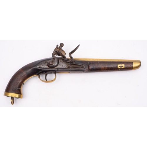 644 - A 19th century flintlock Naval boarding pistol, unsigned, the 8 3/4 inch plain brass barrel with sid... 