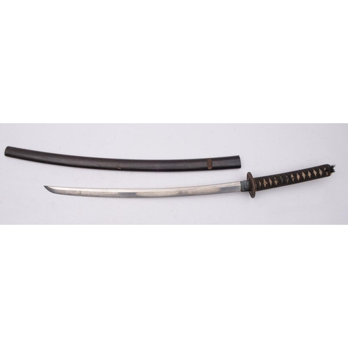 665 - A Japanese Katana, the blade with feint hamon, copper habki  above an gold inlaid iron maru gata sha... 