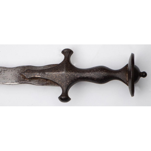 686 - A 19th-century Indian Tulwar, the curved waved single-edged blade over traditional form iron hilt wi... 