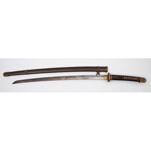 687 - A Japanese Katana, the single-edged blade with visible hamon over brass habaki and gilt brass floral... 