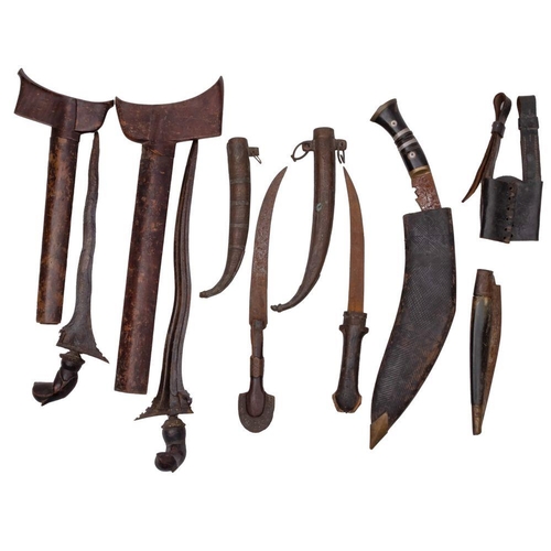 693 - Two Malayan Kris, in wooden scabbards, together with two Indian Kinjal style knives, an Indian foldi... 