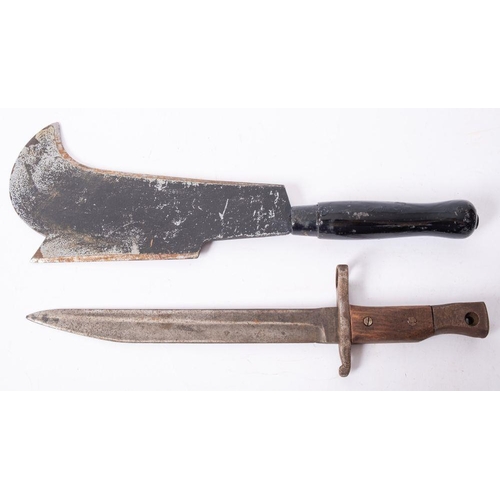 705 - A reproduction Napoleonic bill hook, together with a  Ross Rifle bayonet (cut down)  and a silver pl... 