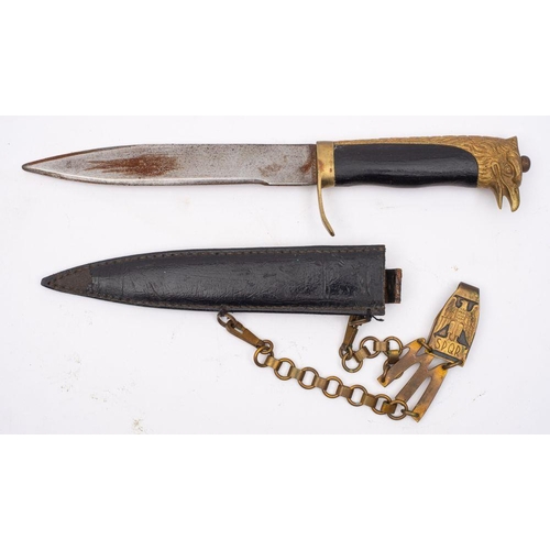 718 - A WWII Italian Fascist Dagger, the straight single edge blade over gilt brass hilt with single quill... 