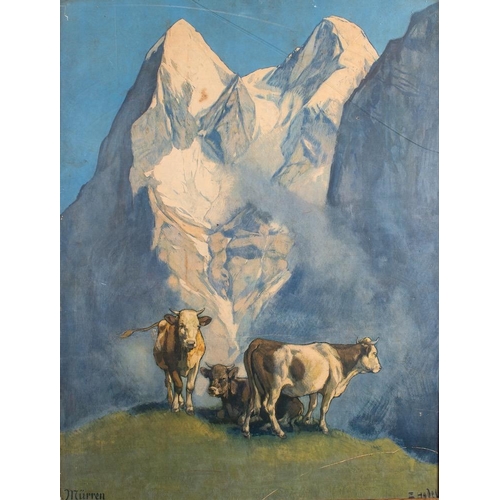 136 - Ernst II Hodel (Swiss, 1881-1955) Mürren (1925) colour print 79 x 58cm Inscribed and signed in the p... 