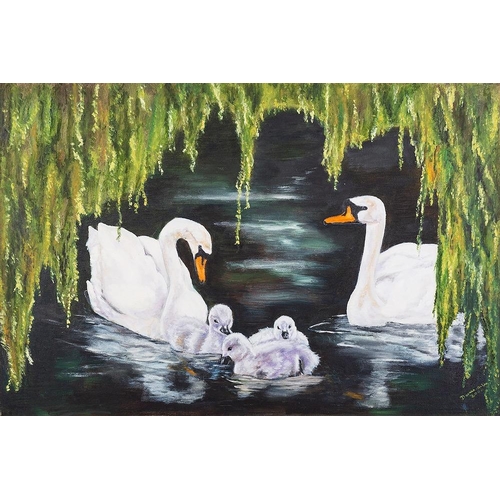 148 - Doreen Lee (British, 20th Century) Swanning around in the Willow Oil on Canvas 59 x 50 cm Signed low... 
