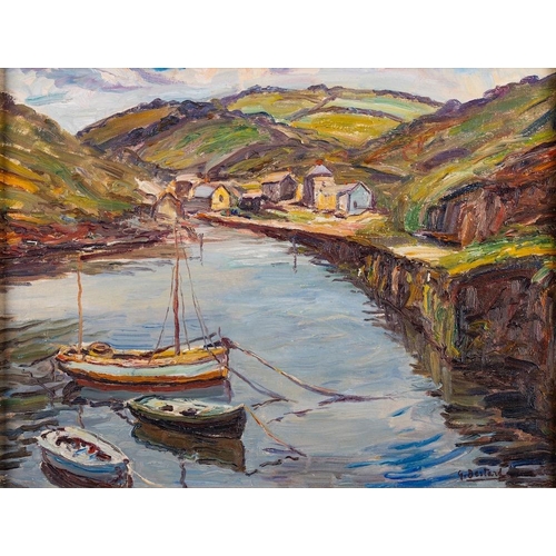 173 - Guillermo Bestard i Canaves (Spanish, 1881-1969) View to a harbour town, moored boats in the foregro... 