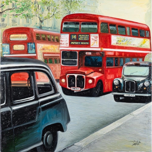 184 - Oleksiy Turkot (Ukrainian, b. 1969) A London street scene with black cabs and a double decker bus si... 