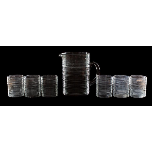 209 - Kaj Franck for Nuutajarvi a Rustica jug and six beakers, in smoke glass, jug 16cm high.