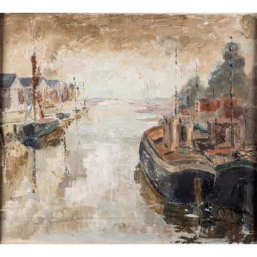 384 - British School (20th century) A harbour scene with fishing boats Oil on canvas laid to board 45 x 50... 