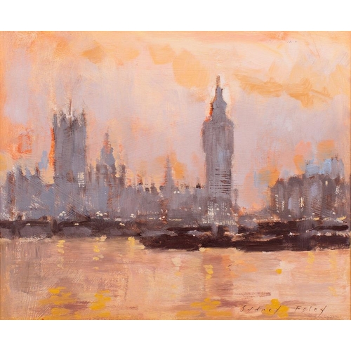 388 - *Sydney Foley (British, 1916-2001)  December Sunset, Westminster signed lower right oil on board 23.... 