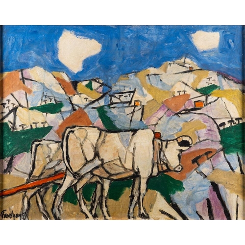 392 - *Julian Trevelyan (British, 1910-1988) Two oxen pulling a cart or plough in a hilly landscape, proba... 