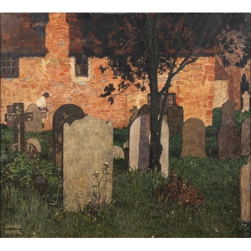 404 - Oswald Moser  (British, 1874-1953) An old woman walking through the Churchyard  Oil on board, 62 x 6... 